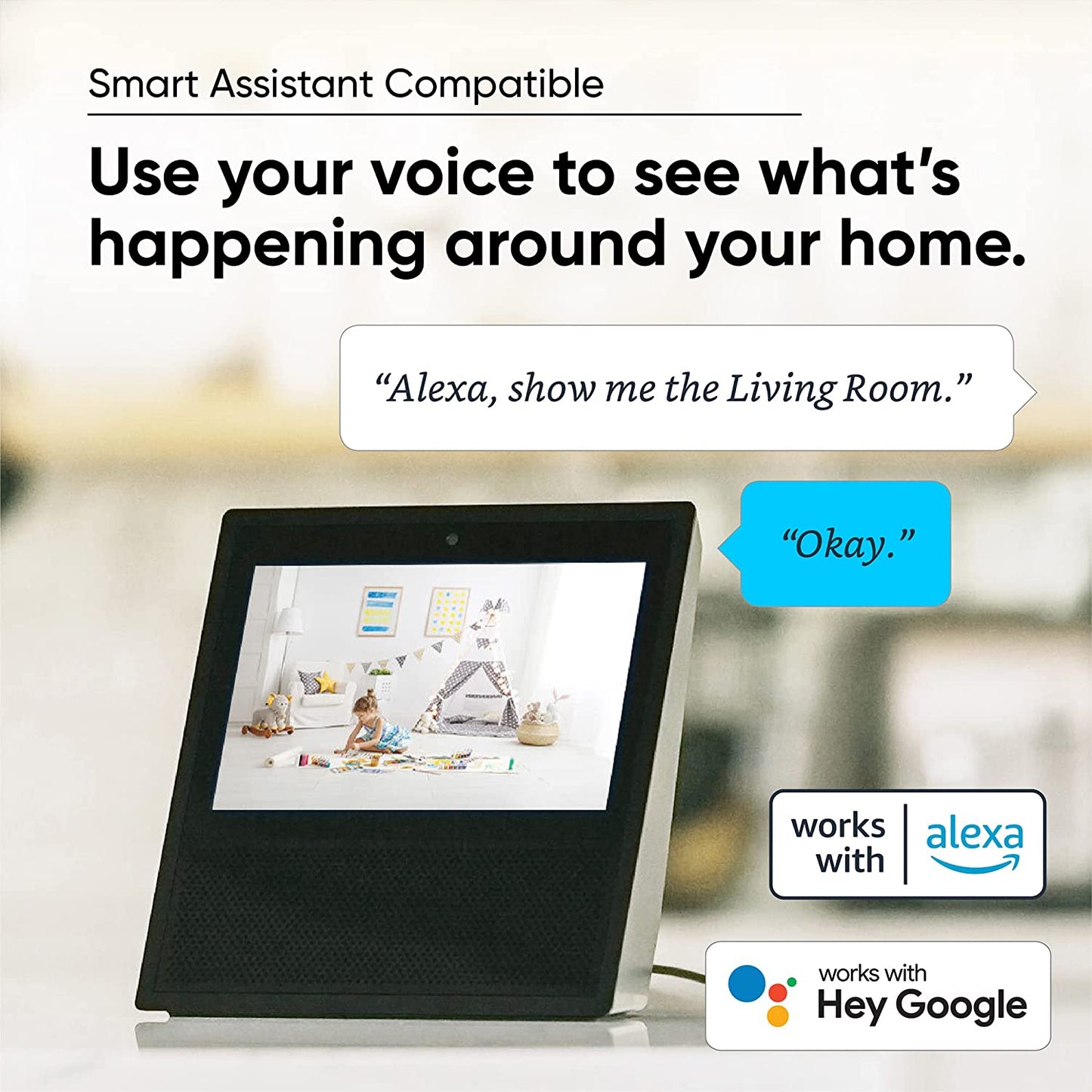 Text overlay "Smart Assistant Compatible.". Alexa screen device with image of kid playing in living room. 