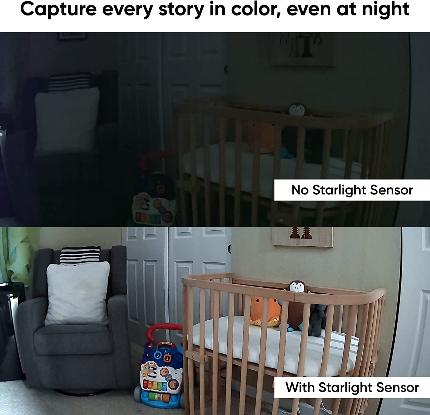 Comparison image of baby crib, no color night vision vs with color night vision. Text overlay "Capture every story in color, even at night."