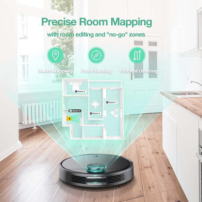 Robot vacuum in a kitchen. Graphic overlay that shows the layout of the home. Green text overlay that says "Precise Room Mapping."