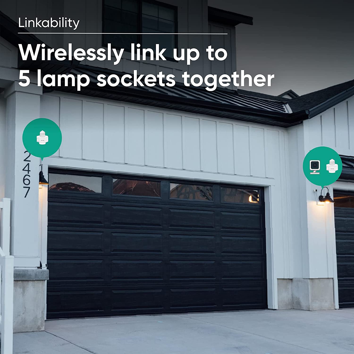 Front view of a house with Wyze Lamp Socket and Cam v3 attached to one light, while only a single Lamp Socket is attached to another light. Text overlay that says "Wirelessly link up to 5 lamp sockets together."