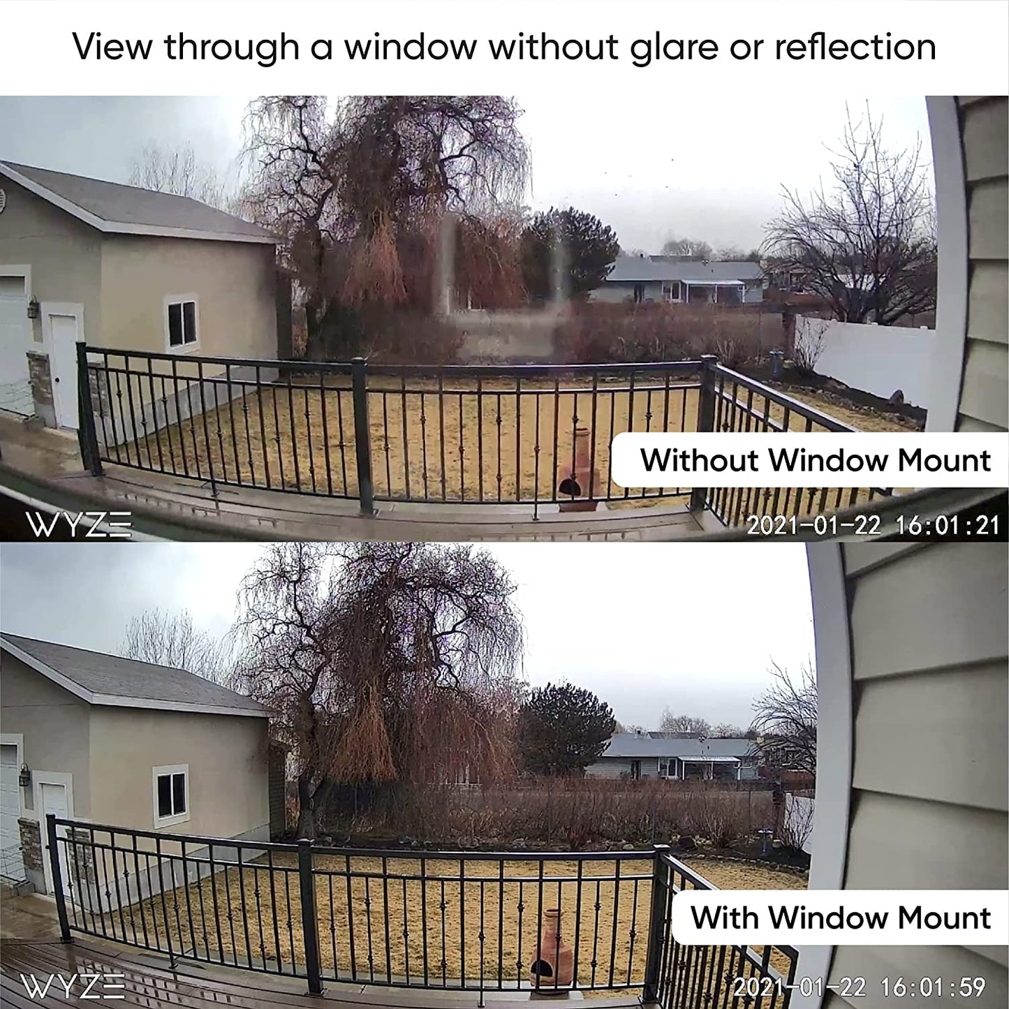 Picture comparison between a camera's picture with and without window mount. Text overlay that says "View through a window without glare or reflection."
