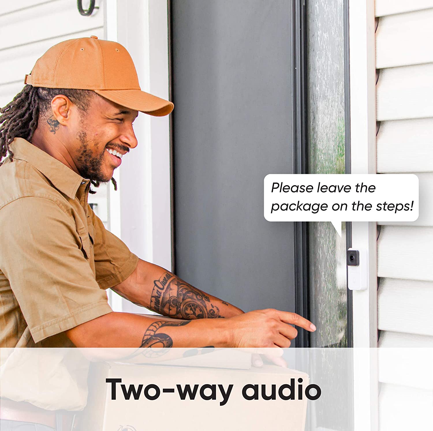 Delivery person dropping off packages in front of video doorbell camera. Text overlay says "Two-way audio."