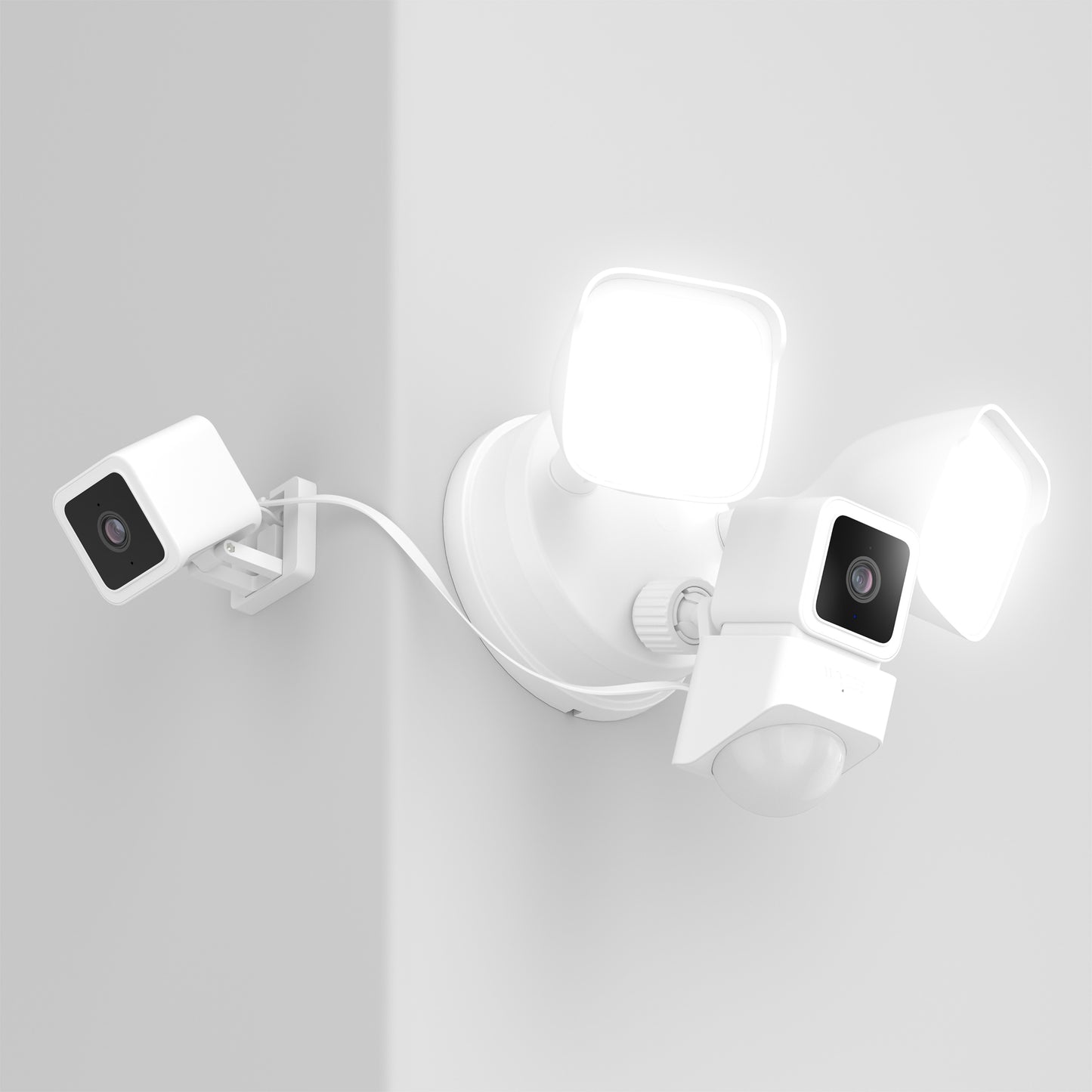 3D render of a Wyze Cam Floodlight and Wyze Cam v3.