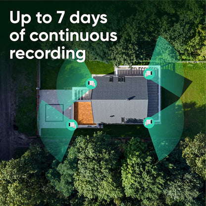 Text overlay "Up to 7 days of continuous recording". Aerial view of house with 4 cameras pointing in different directions.