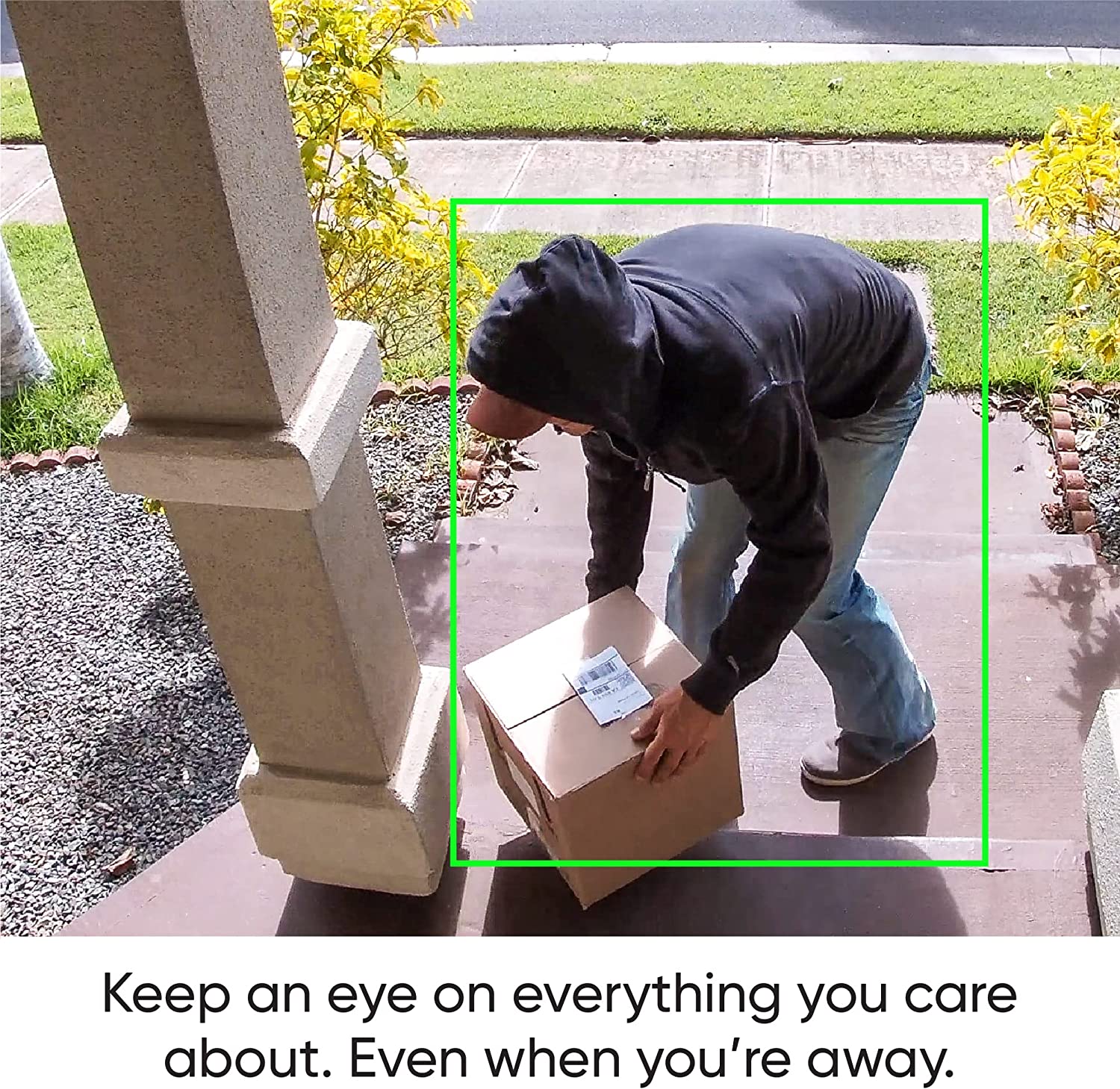 Person grabbing a package from porch. Text overlay "Keep an eye on everything you care about".