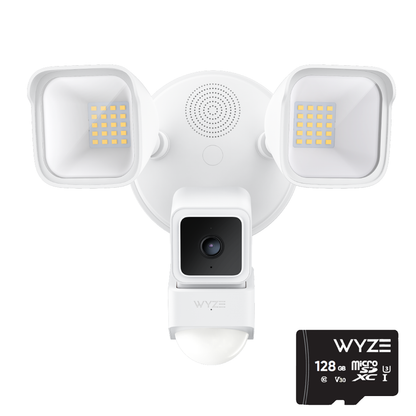 Wyze Cam Floodlight product image against a white background with microSD card off to the side.