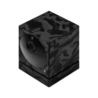 Top angle of black camo adhesive skin (sticker wrap) covering for Wyze Cam Outdoor.