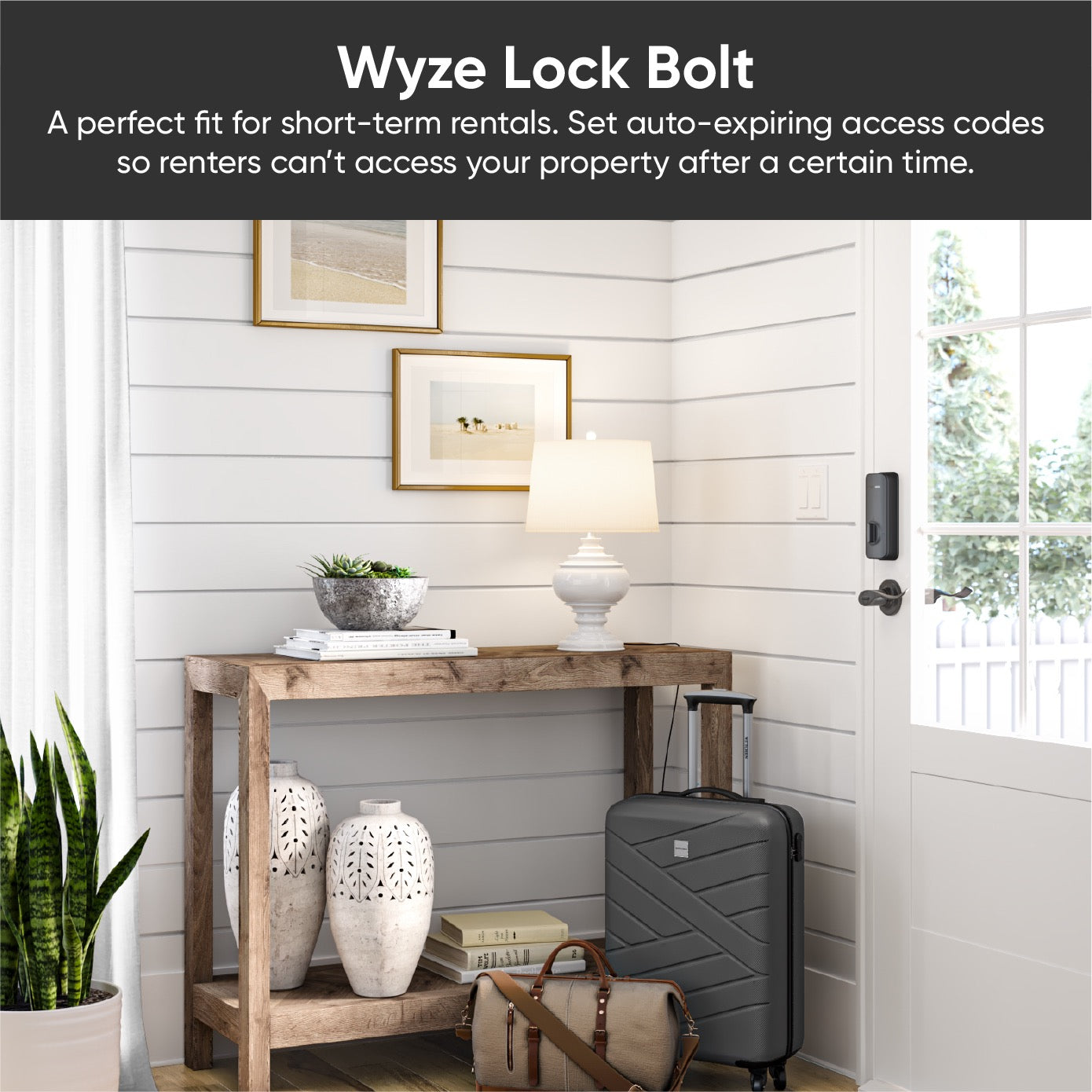 Entryway with a side table and luggage next to a white wood door with the Wyze Lock Bolt installed.
