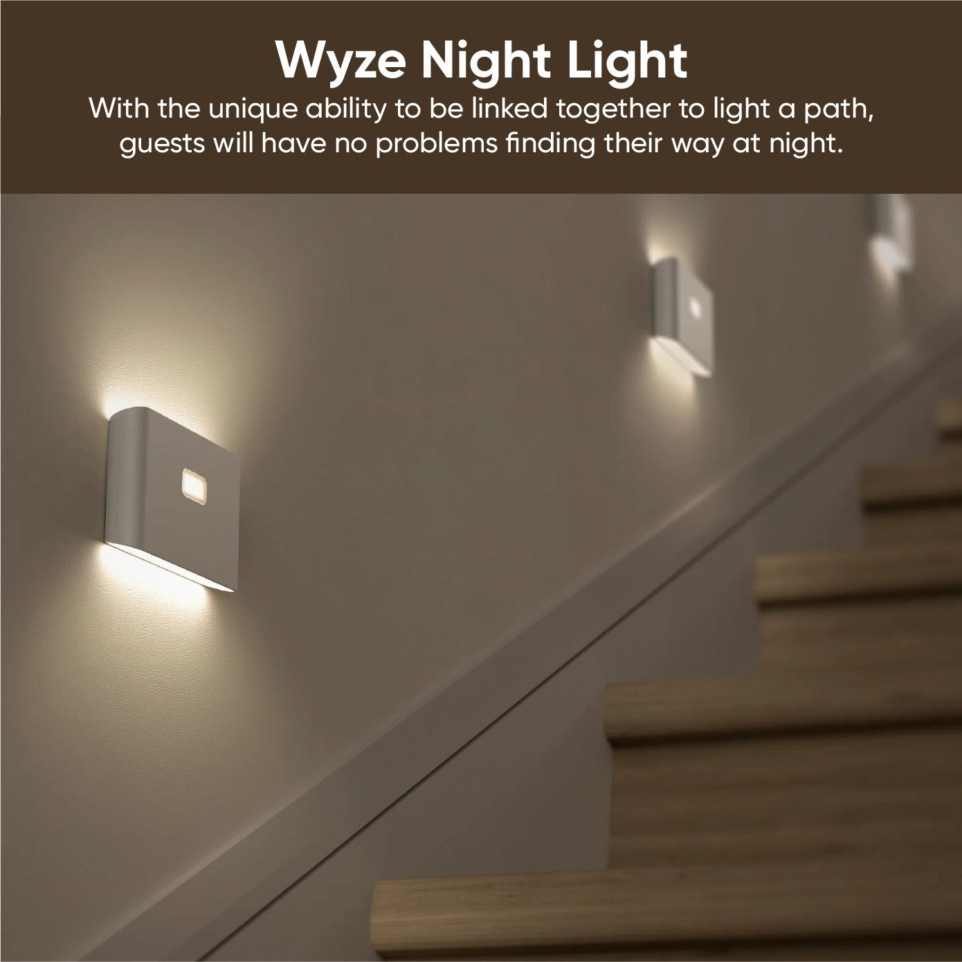 Wyze Night Lights lining the side of stairs.