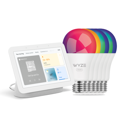 Google Nest Hub next to a Wyze Bulb Color set against a white background.