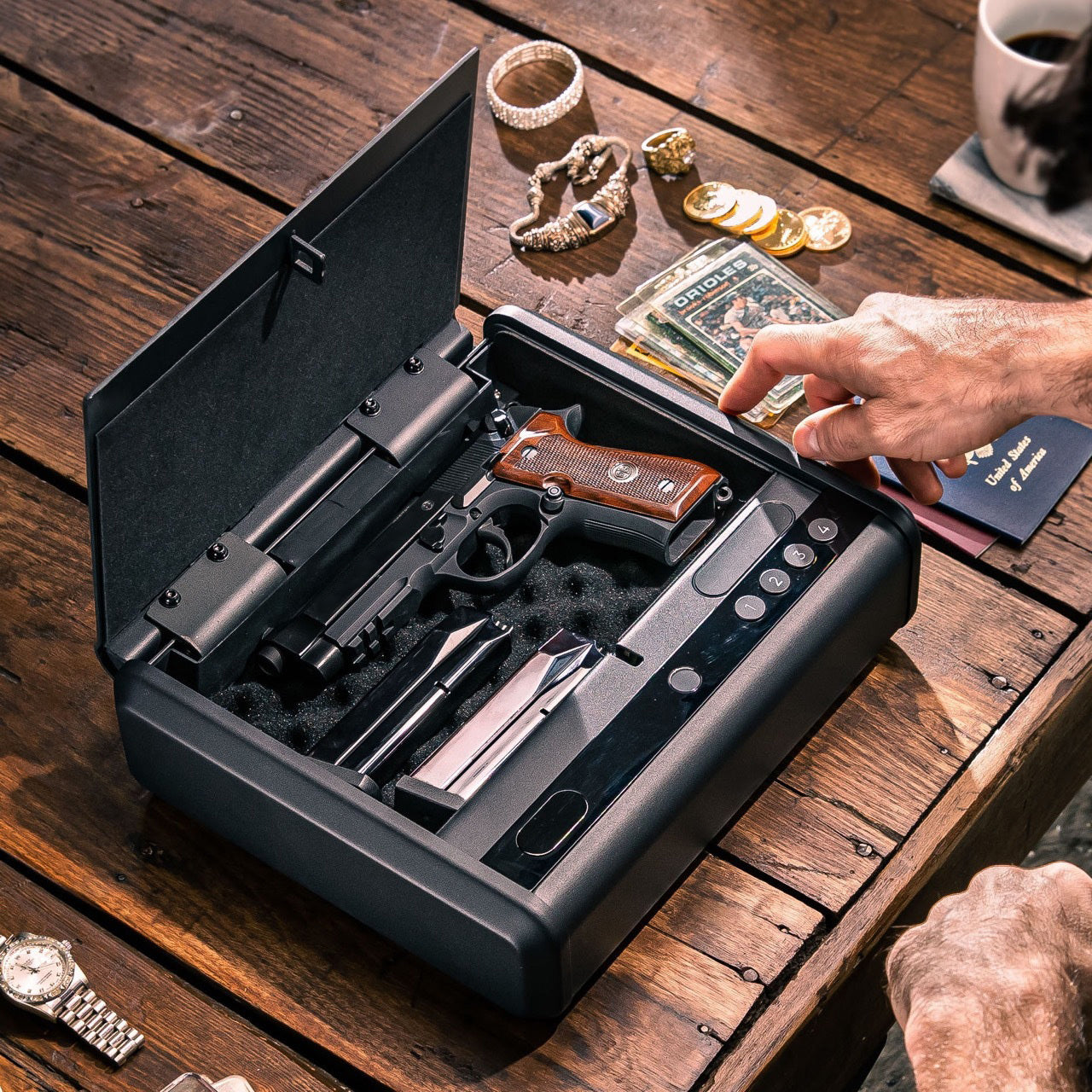 Wyze Gun Safe on top of a wooden table.