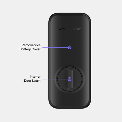 Wyze Lock Bolt against a white background with labels that say "Removeable Battery Cover" and "Interior Door Latch."