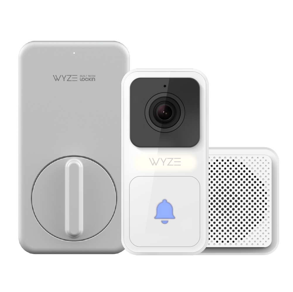 Wyze Lock, Video Doorbell Camera, and chime next to each other.