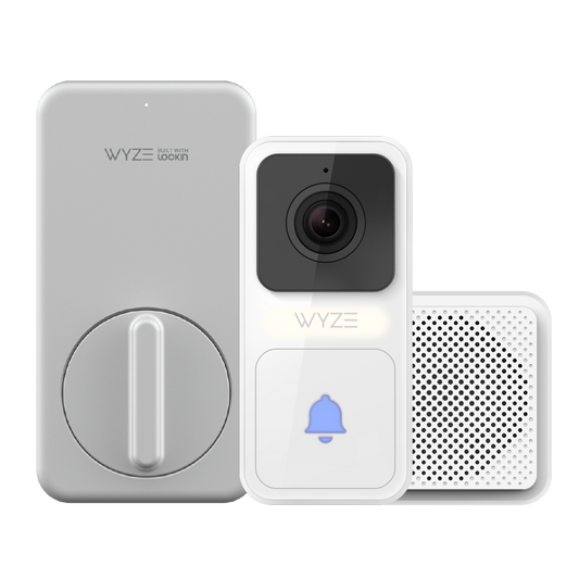 Wyze Lock, Video Doorbell Camera, and chime next to each other.