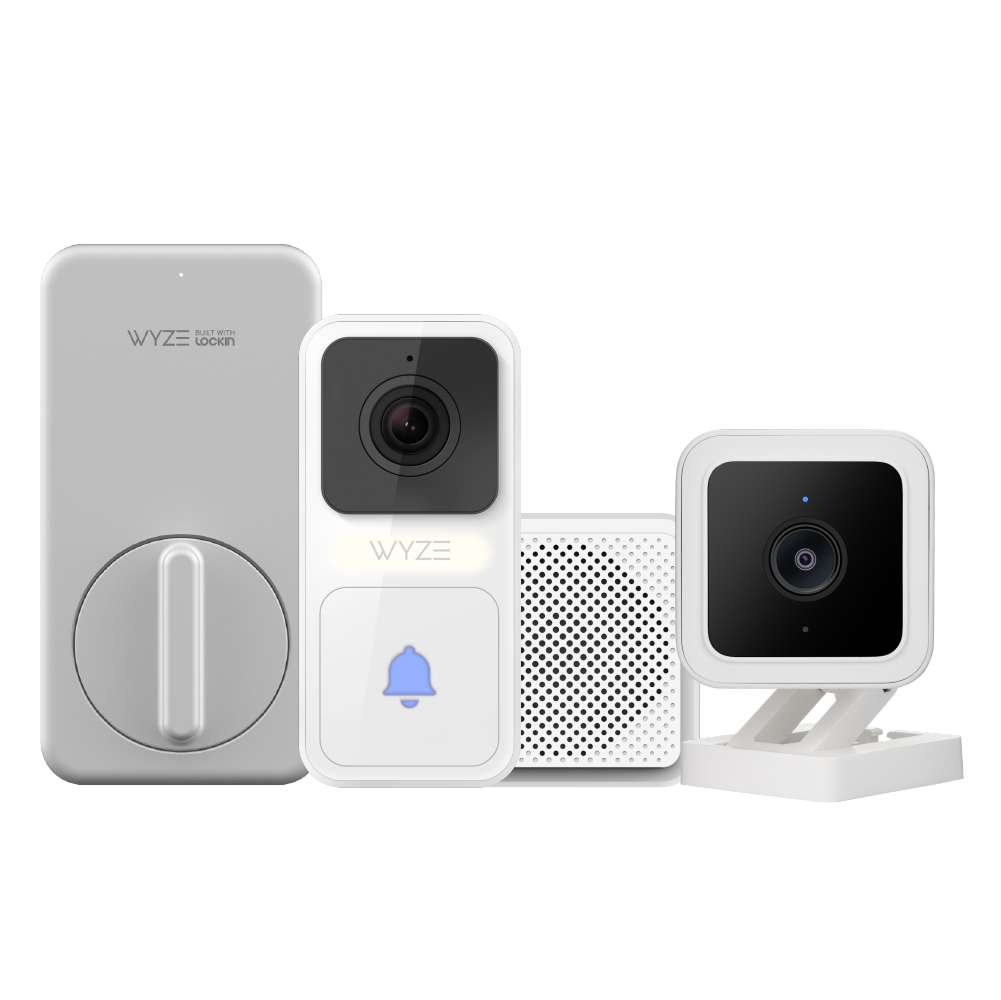 Group of Wyze products that include Wyze Lock, Cam v3, Video Doorbell and chime.