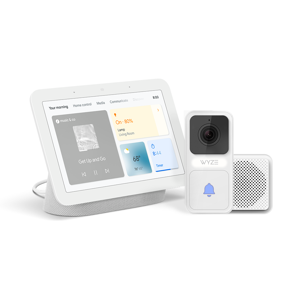 Google Nest Hub next to a Wyze Video Doorbell Camera and chime against a white background.
