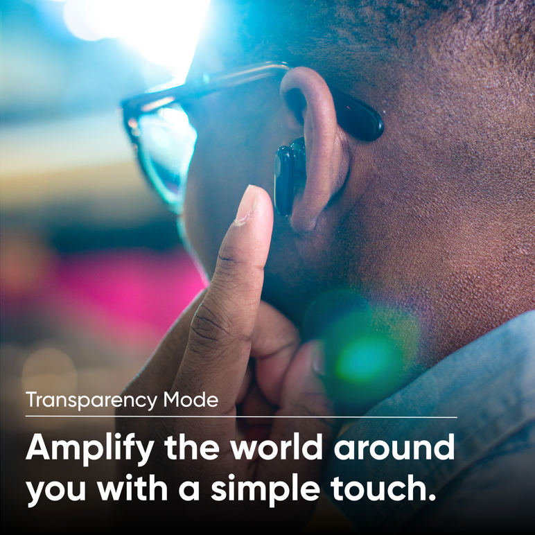 Person touching Bud Pro in their ear. Text overlay says, "Amplify the world around you with a simple touch."