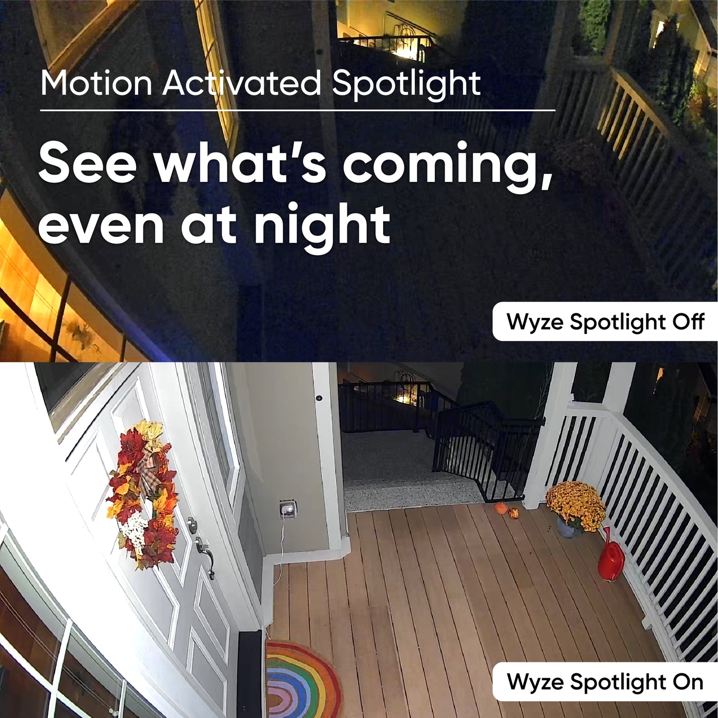 Comparison image of Wyze Spotlight off vs Spotlight on. Text overlay "Motion activated spotlight."