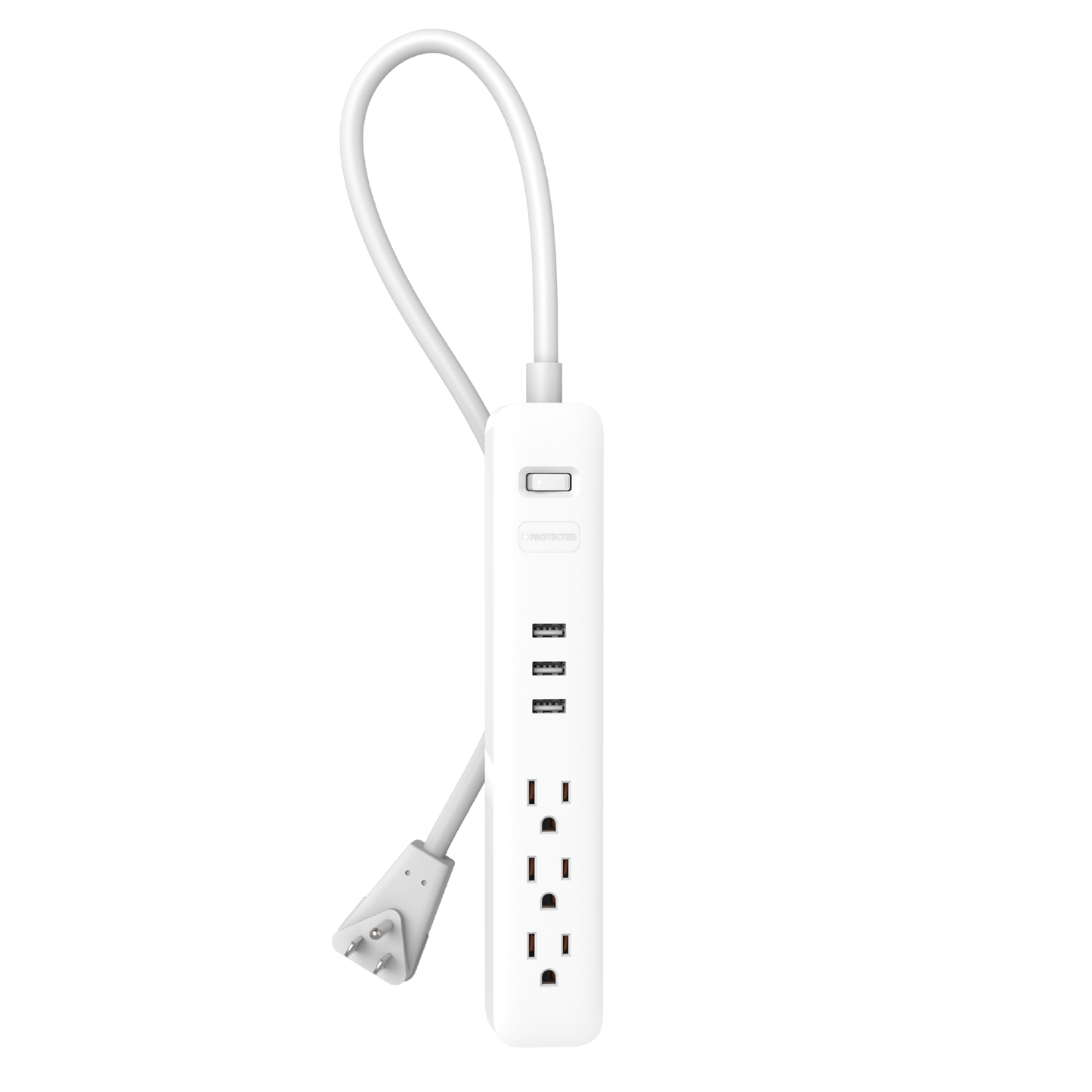 Wyze Surge Protector strip with the 3 prong plug shown against a transparent background.