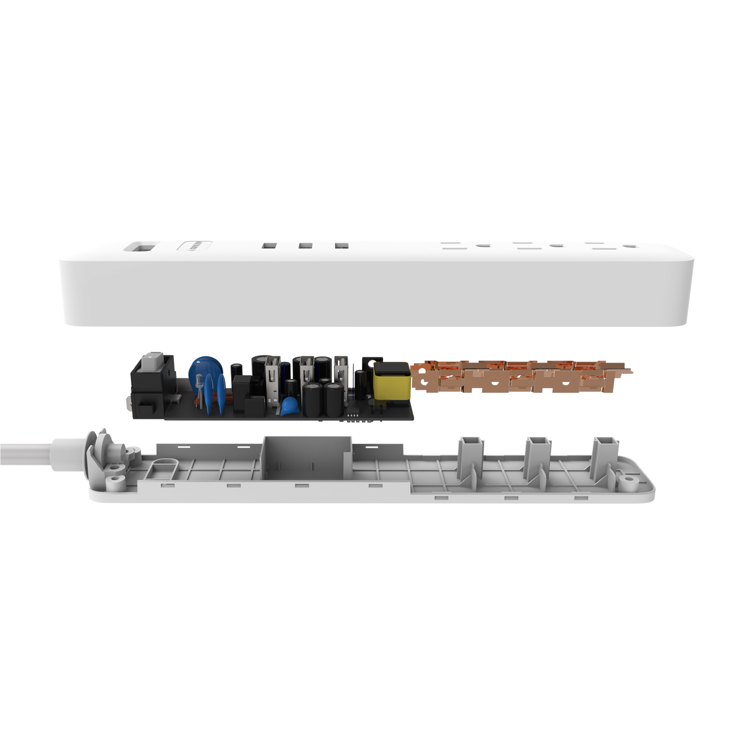 Exploded view of power strip to show the internal components of the product.