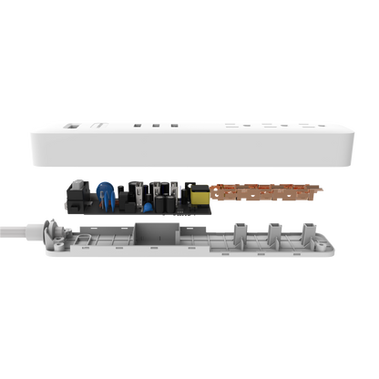 Exploded view of power strip to show the internal components of the product.