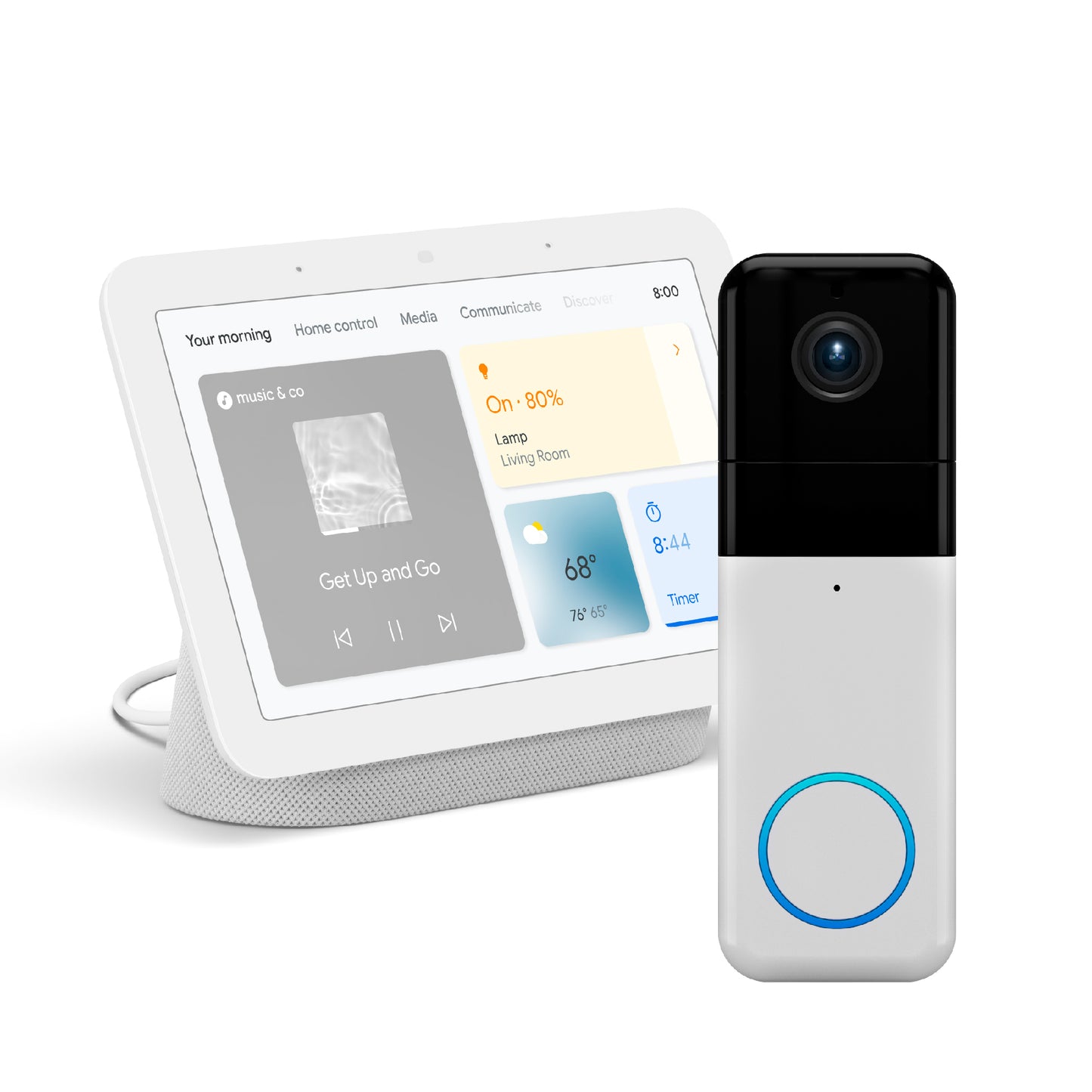 Google Nest Hub next to a Video Doorbell Proagainst a white background.