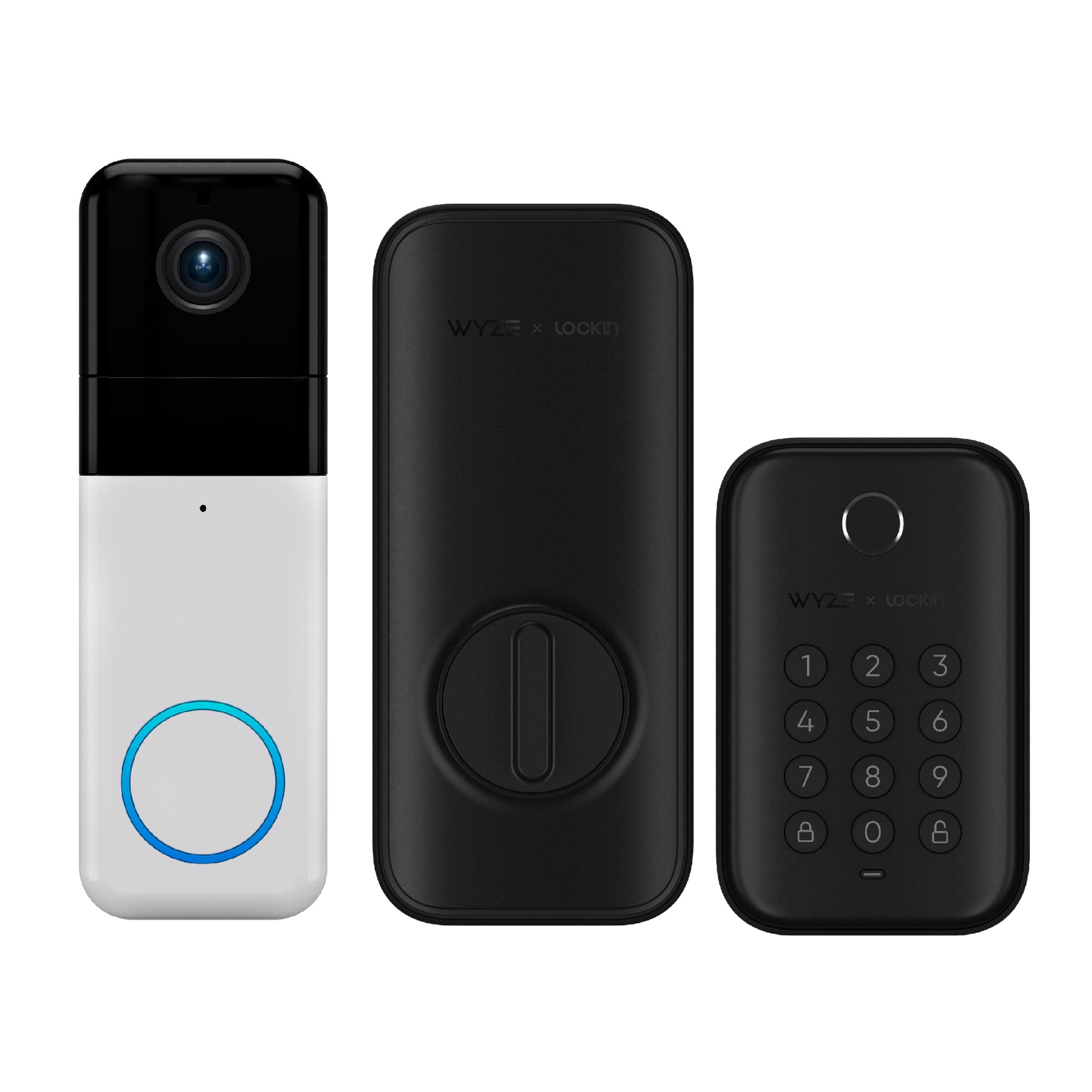 Wyze Video Doorbell Pro and Wyze Lock Bolt in Matte Black next to each other.