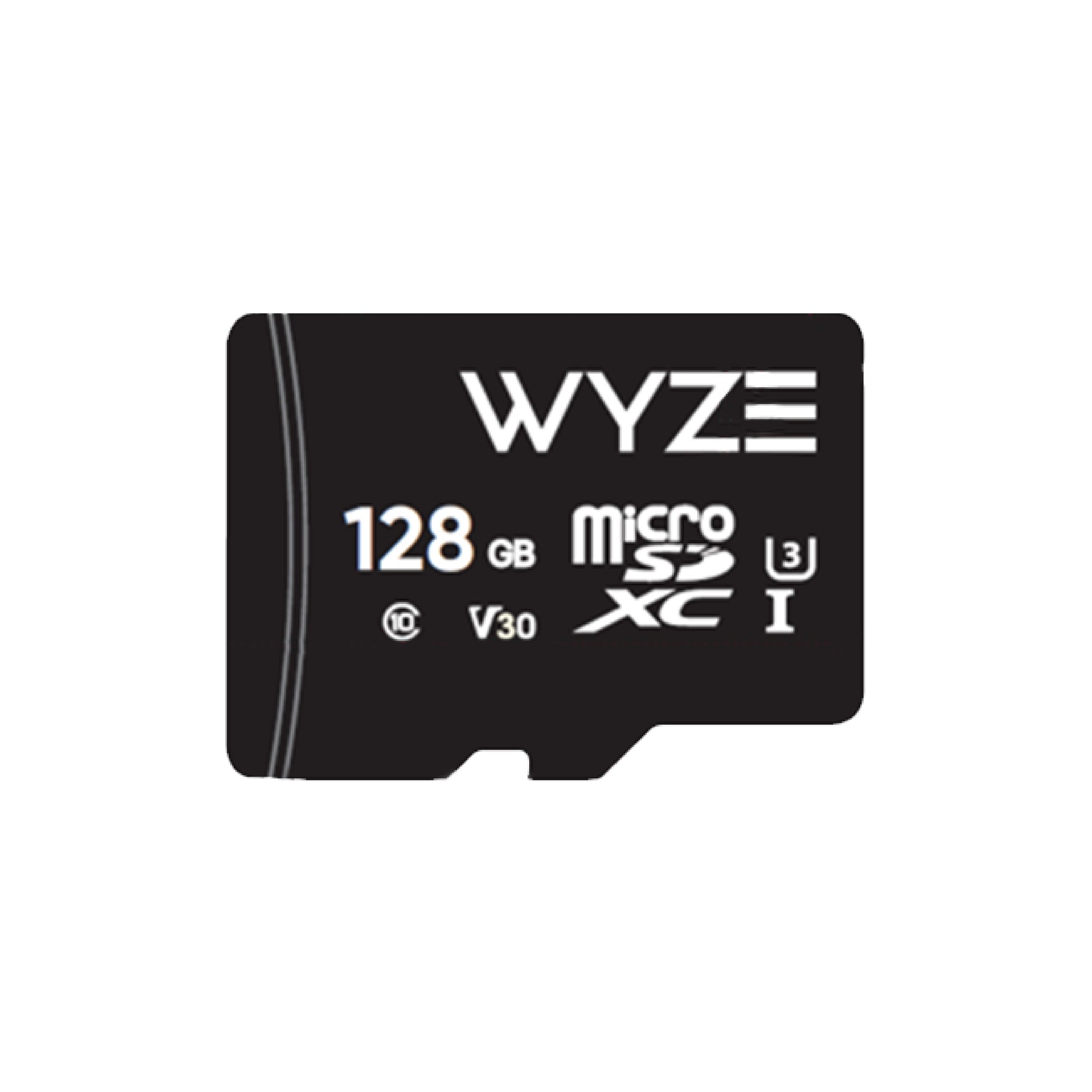 Black 128B microSD card with the Wyze logo on it. Includes Class 10 and UHS-3 (U3) labelling. 