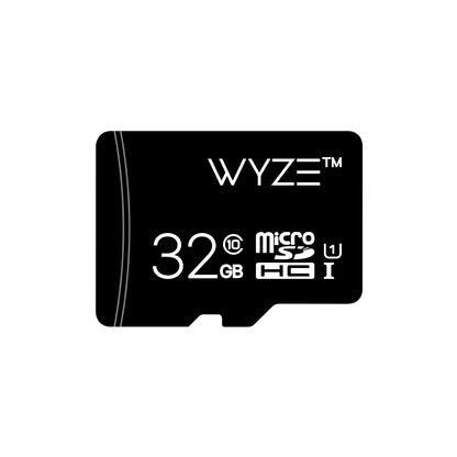 Black 32GB microSD card with the Wyze logo on it. Includes Class 10 and UHS-1 (U1) labelling. 
