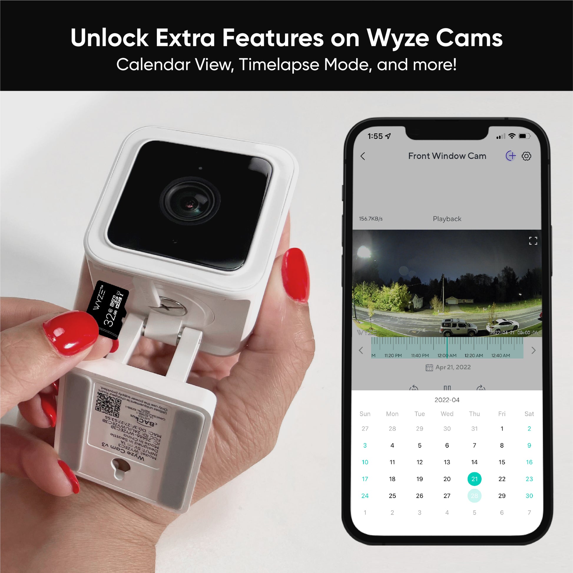 Hand holding a Wyze Cam v3 while another hand inserts a microSD card into the bottom of the device.