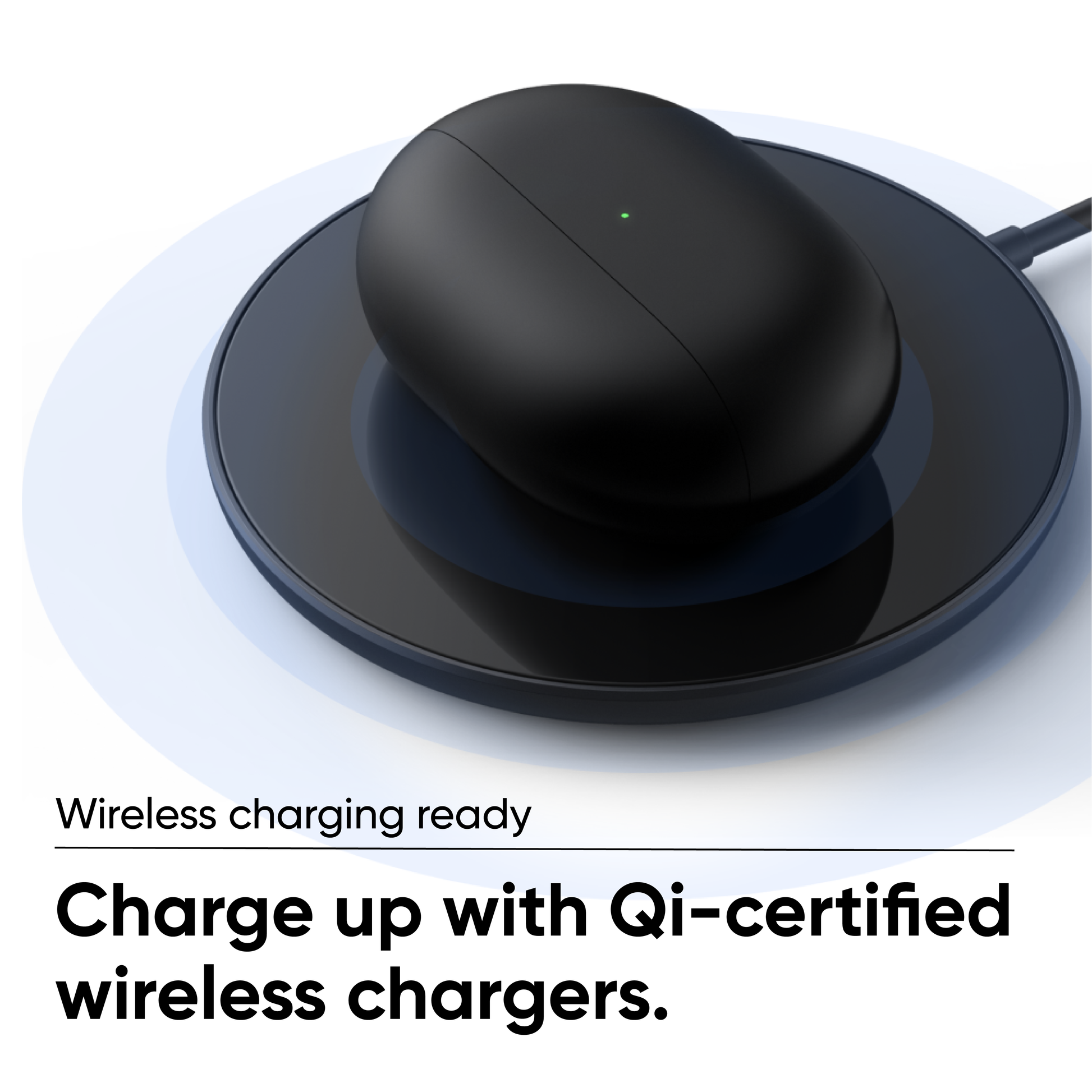 Wyze buds pro on wireless charging pad. Text overlay says, "Charge up with Qi certified wireless chargers."