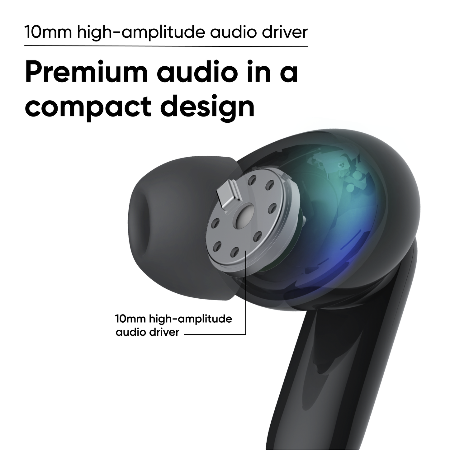 Wyze Buds Pro internal components. Text overlay says, "10mm high amplitude audio driver."