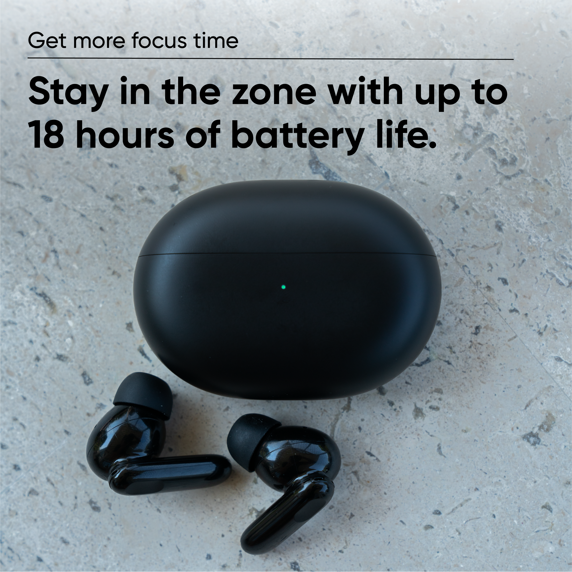 Wyze Buds Pro charging case and earbuds with text overlay that says, "Stay in the zone with up to 18 hours of battery life."