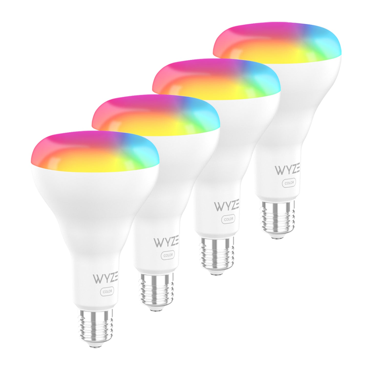 3D render of four BR30 light bulbs against a white background.