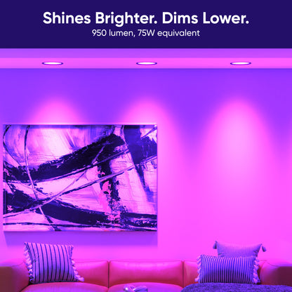 A livingroom lit by purple lighting. White overlay text that says "Shines Brighter. Dims Lower."
