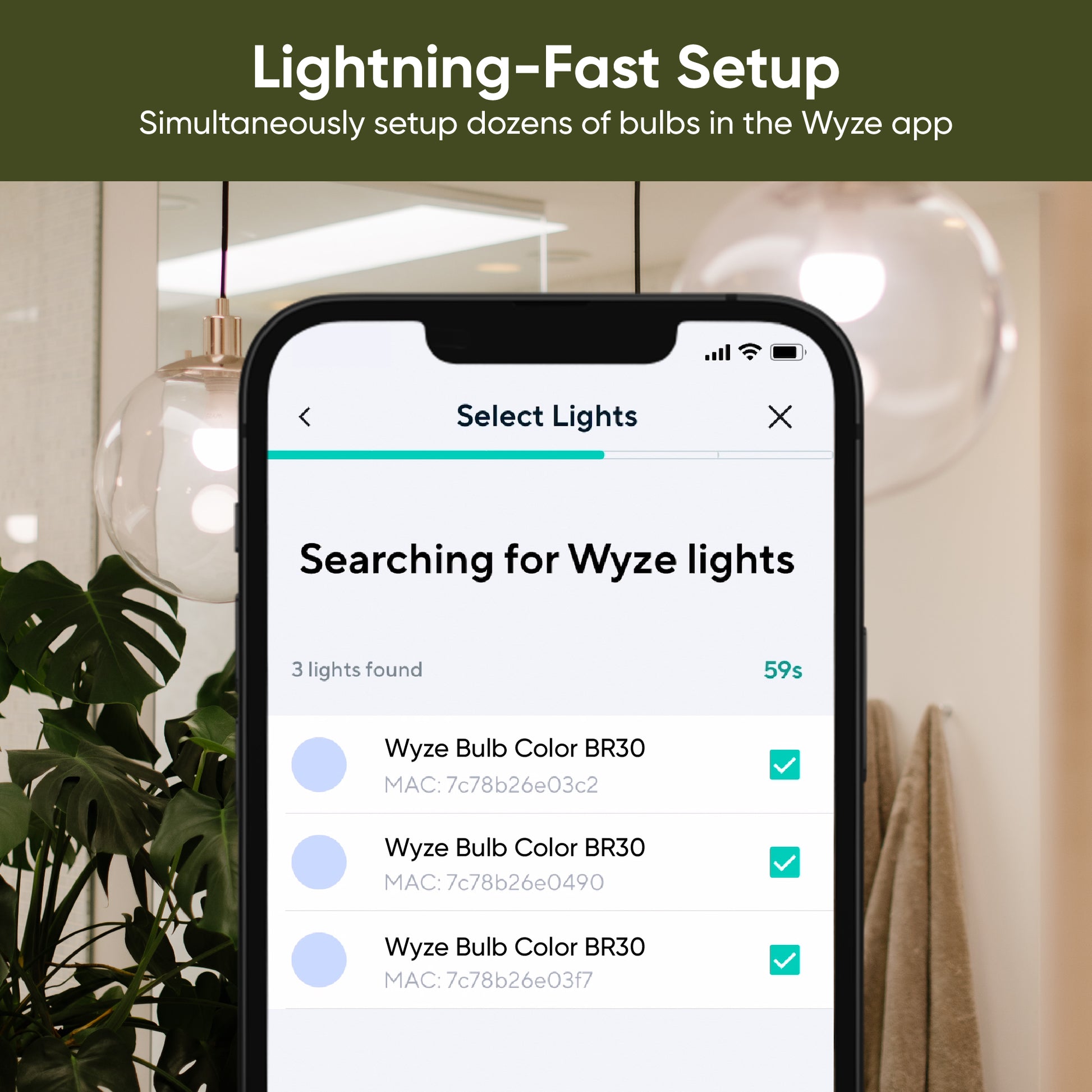 Close up of phone with Wyze App open on the screen. White text overlay that says "Lightning-Fast Setup."