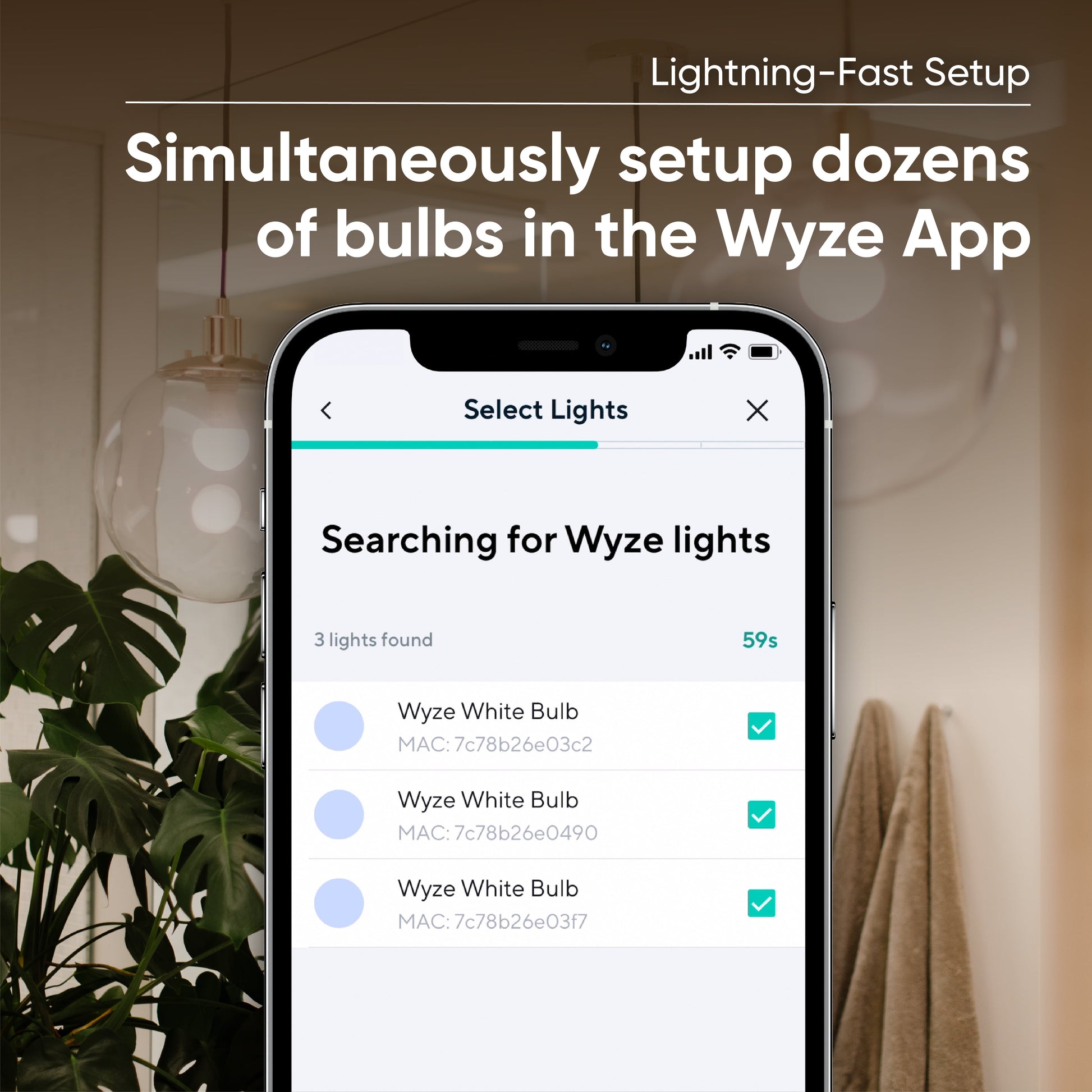 Close up of smartphone and the Wyze app open. White text overlay that says "Lightning-Fast Setup."