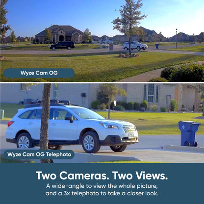 Split image comparison of the same view between a Wyze Cam OG and Wyze Cam OG Telephoto. Text overlay that says "Two Cameras. Two Views."