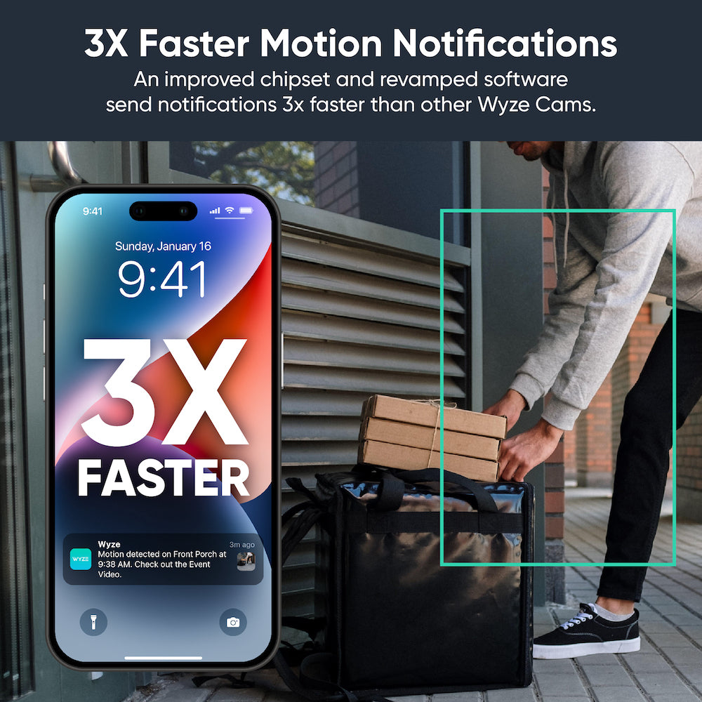 Smartpphone with Wyze app notification displayed on screen about motion being detected. Text overlay "3X Faster Motion Notifications."