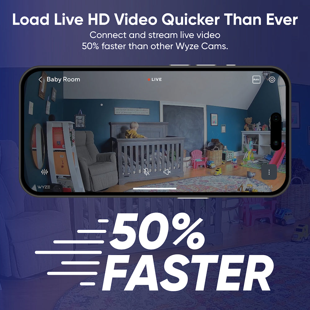 Smartphone with Wyze app opened to live view. Text overlay that says "Load Live HD Video Quicker Than Ever."