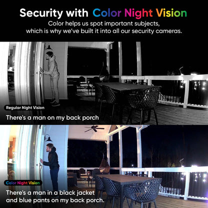 Split image comparison of regular black and white night vision and color night vision. Text overlay "Security with Color Night Vision."