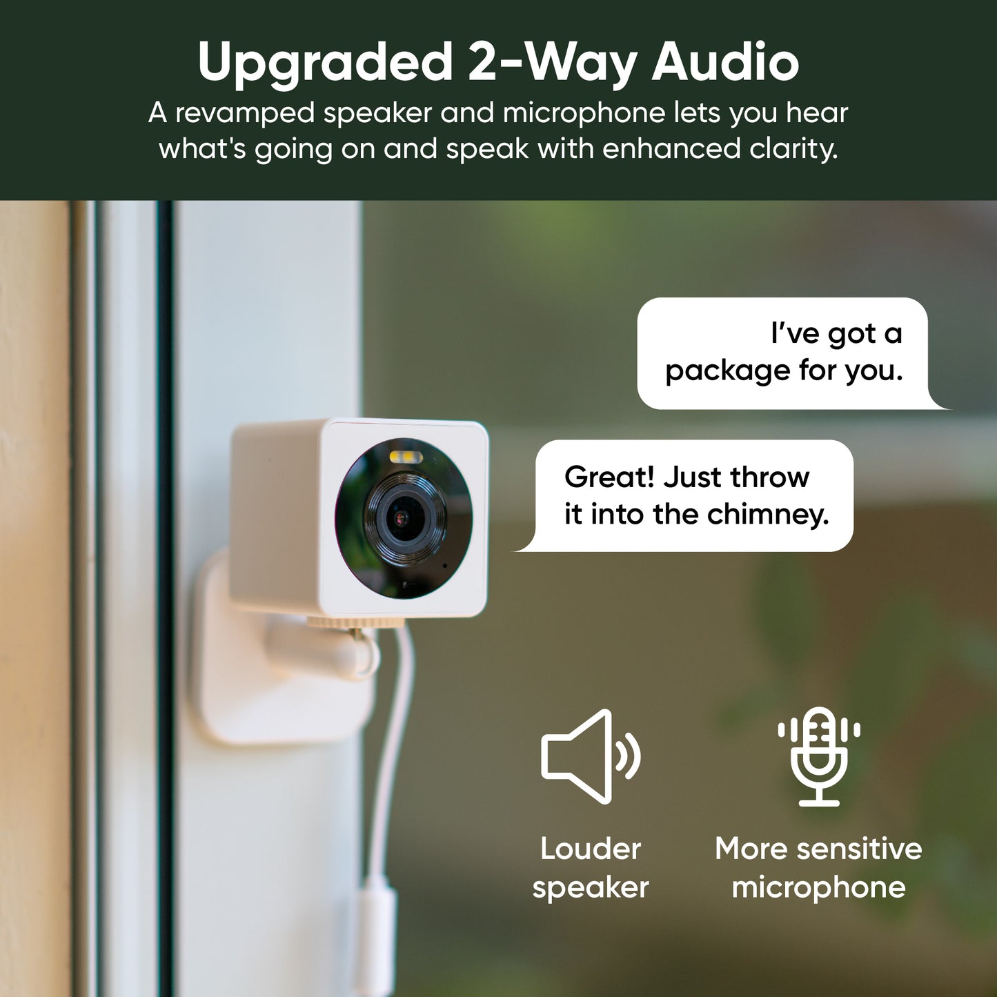 Wyze Cam OG standard mounted to wall. Text overlay "Upgraded 2 Way Audio."