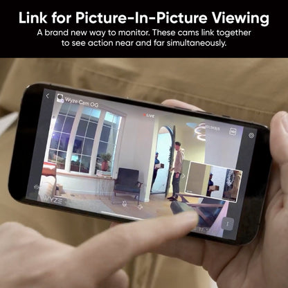 Picture-In-Picture view displayed on a smartphone with the Wyze app. Person's finger is interacting with the app.