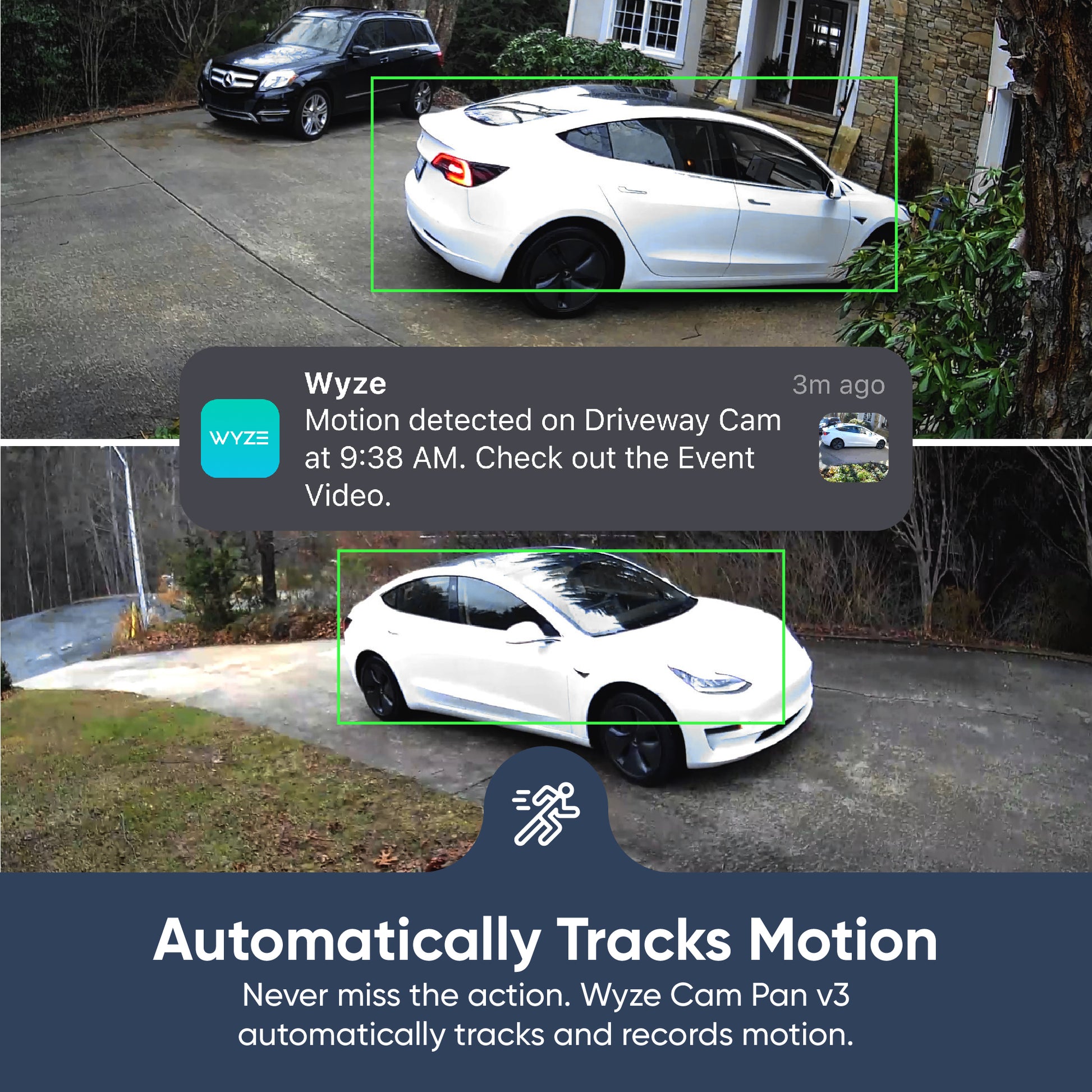 Text overlay "Automatically Tracks Motion." Car pulling in the driveway in the bottom image and top image shows car parked.