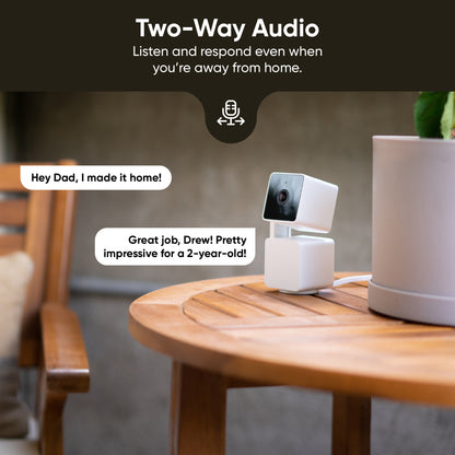 Text overlay "Two-Way Audio". Wyze Cam Pan v3 with speech bubbles.