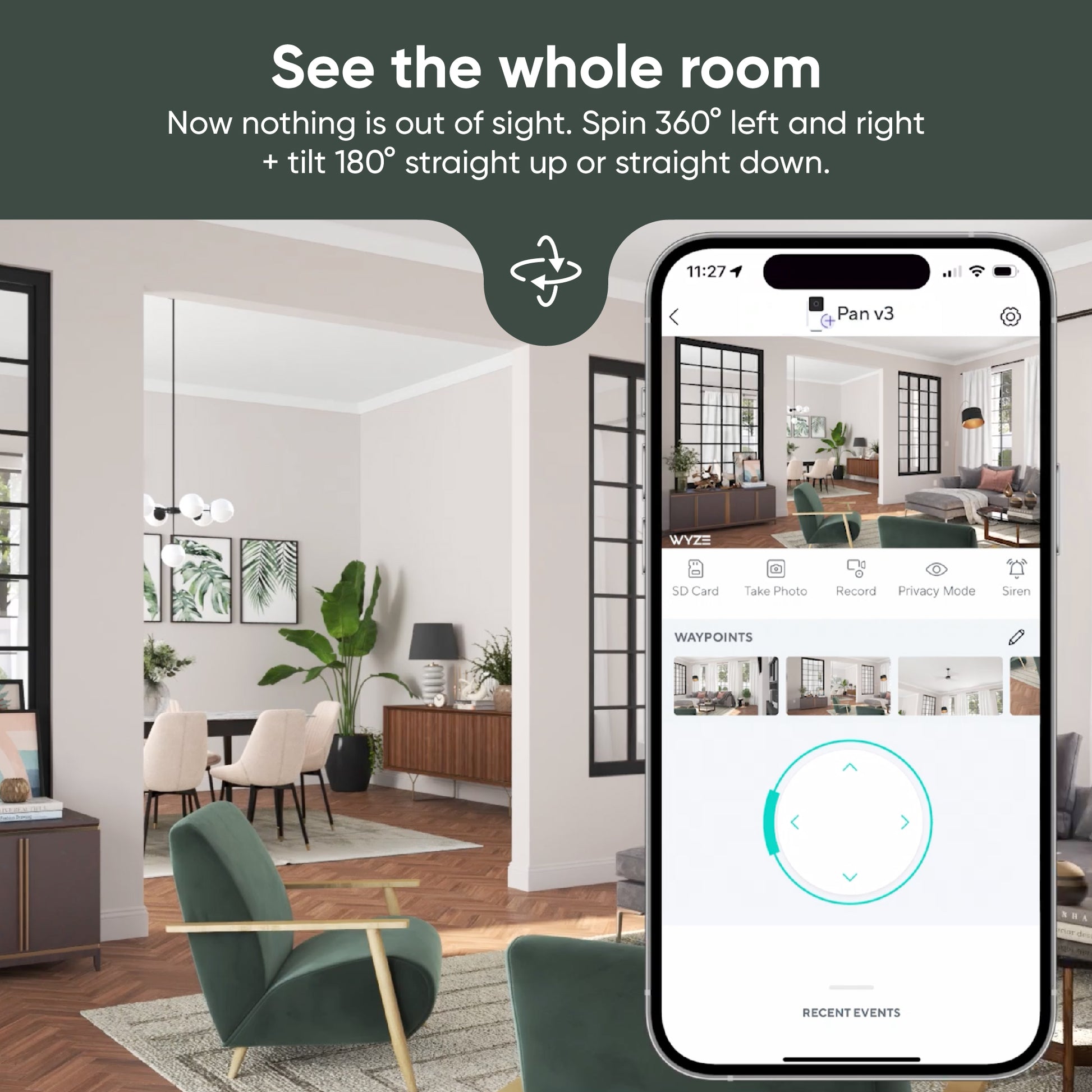 Text overlay "See the whole room." Living room with a smartphone showing the Wyze app with the same view of that living room. 