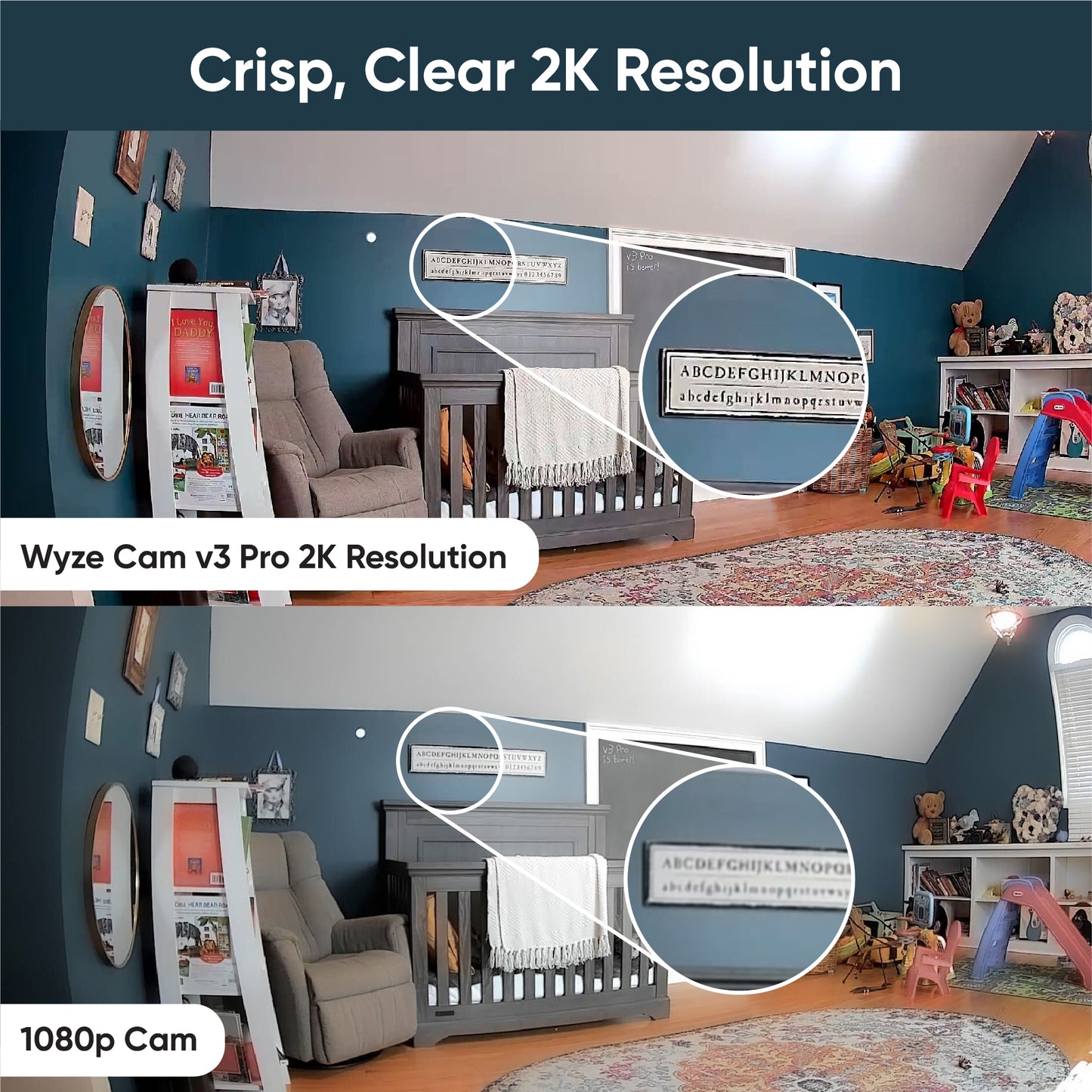 Comparison image of Wyze Cam v3 Pro with a much clearer image of an alphabet. Text overlay "Crisp, Clear 2K Resolution."