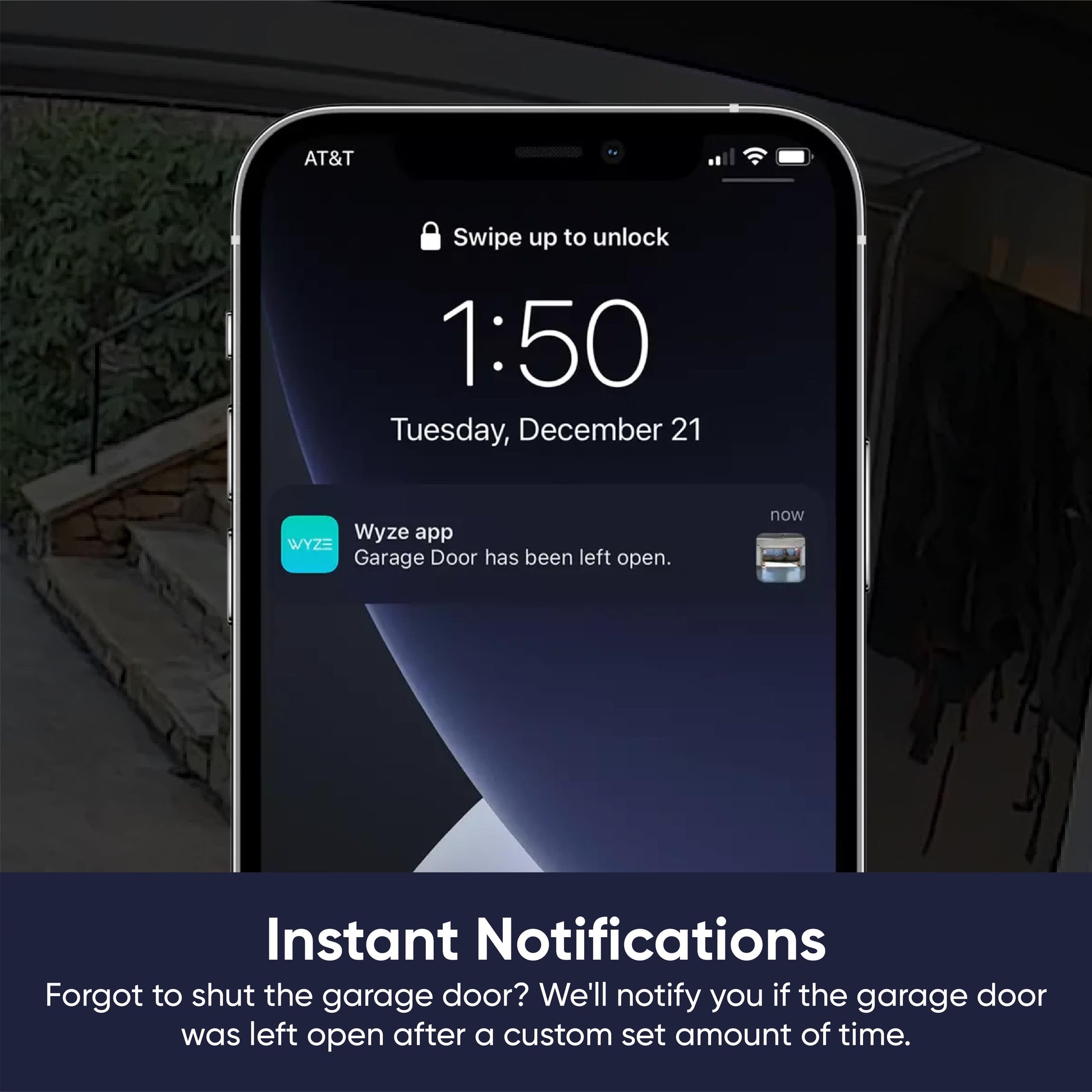 Close-up of Wyze app notification on a smartphone.
