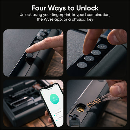 Person demonstrating four ways to unlock safe: fingerprint, keypad, app, and key.