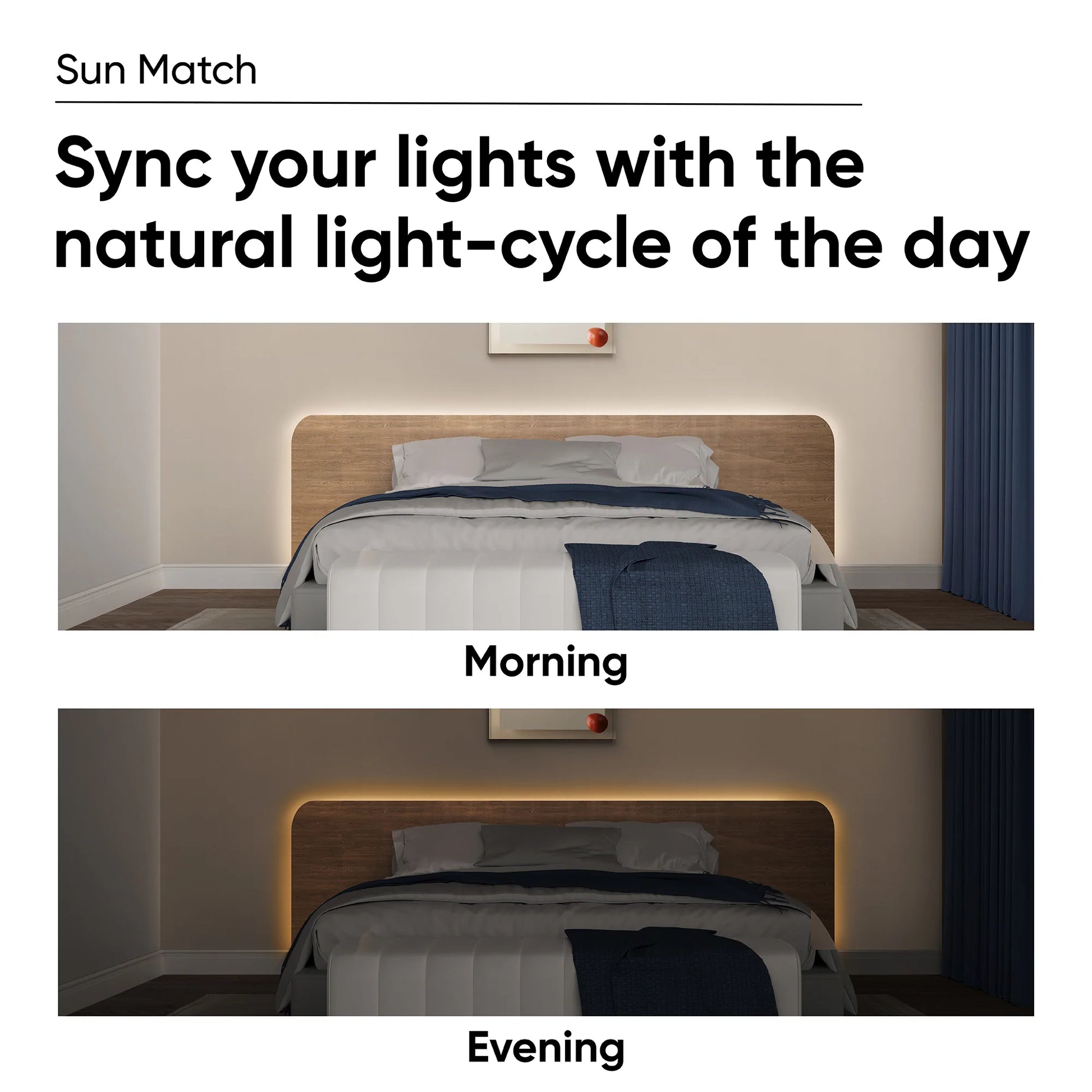 Side-by-side image comparison of the same room being lit at different times of the day. Text overlay that says "Sun Match."